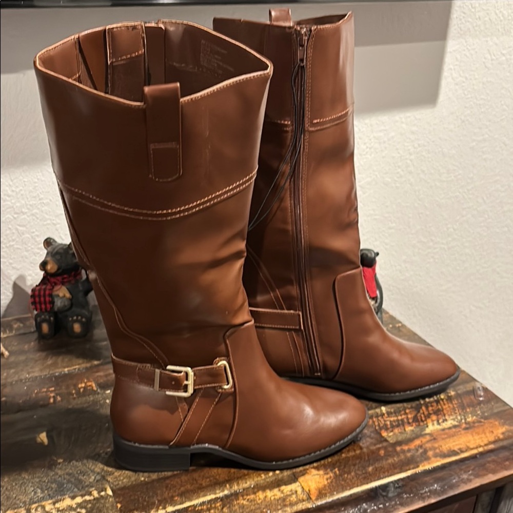 Brown Faux Leather Knee-High Riding Boots Wide Calf and Wide Width